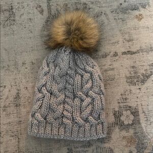 Gray and Brown Cable Knit Pom-Pom Beanie Hat